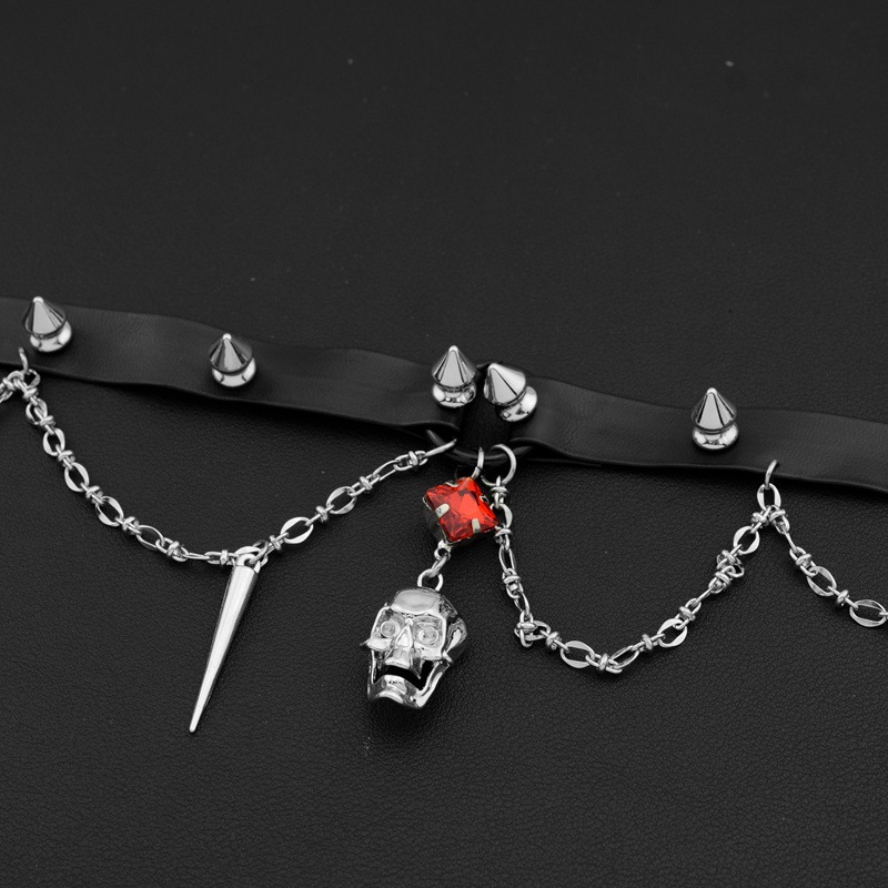 Dark Skull Leather Choker, Y2K - đánh giá và giá Goth Punk Spike Choker