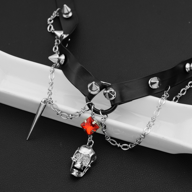 Dark Skull Leather Choker, Y2K - đánh giá và giá Goth Punk Spike Choker